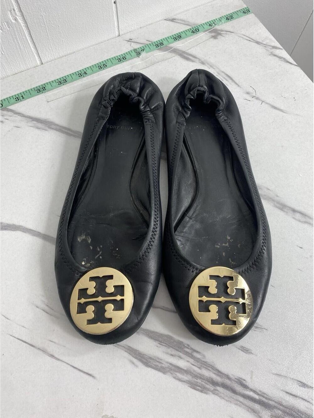 Tory Burch Minnie Travel Black Leather Ballet Flat Size 9M* Preppy Luxury Logo
